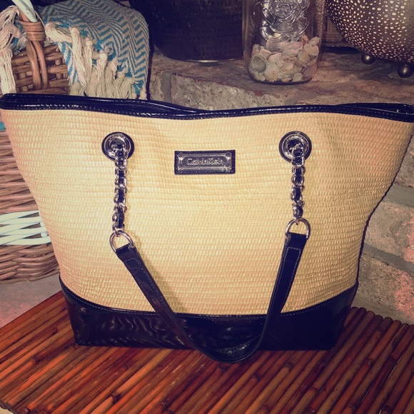 Calvin Klein Handbags - LAST CHANCE Calvin Klein patent leather & straw tote bag purse